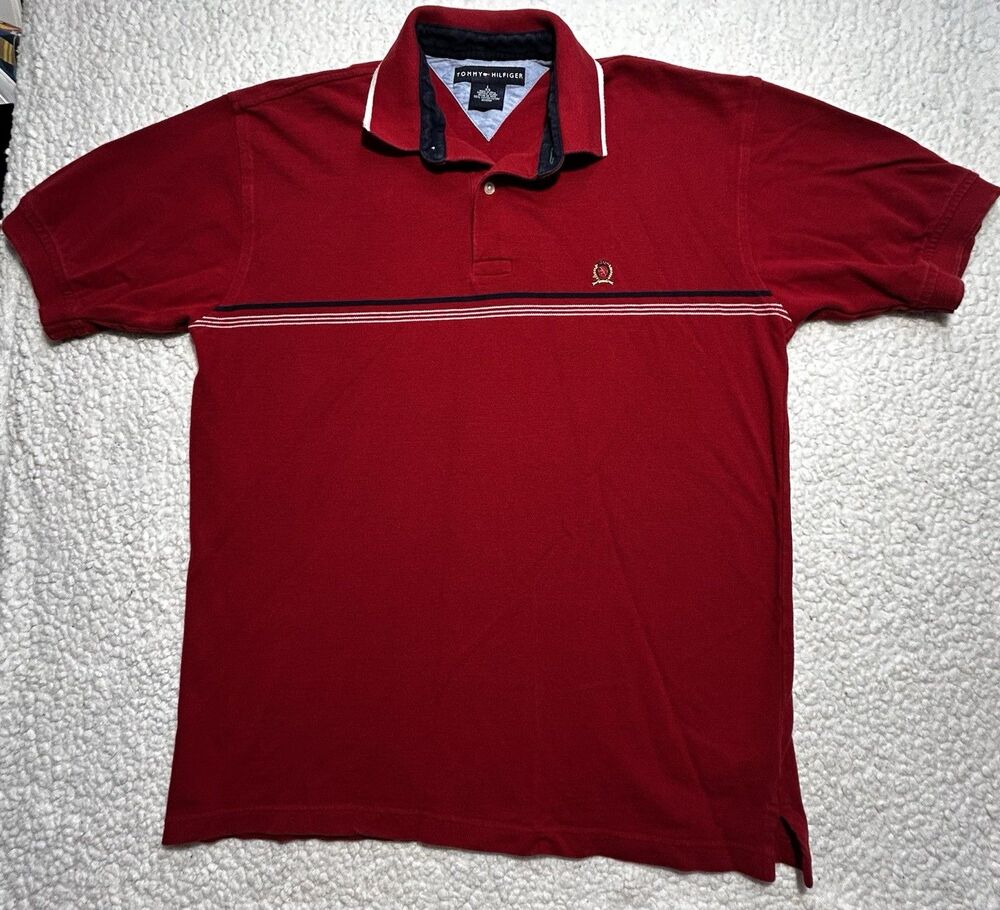 Tommy Hilfiger Mens Red Polo Shirt Vintage 90s Crest Striped Short Sleeve